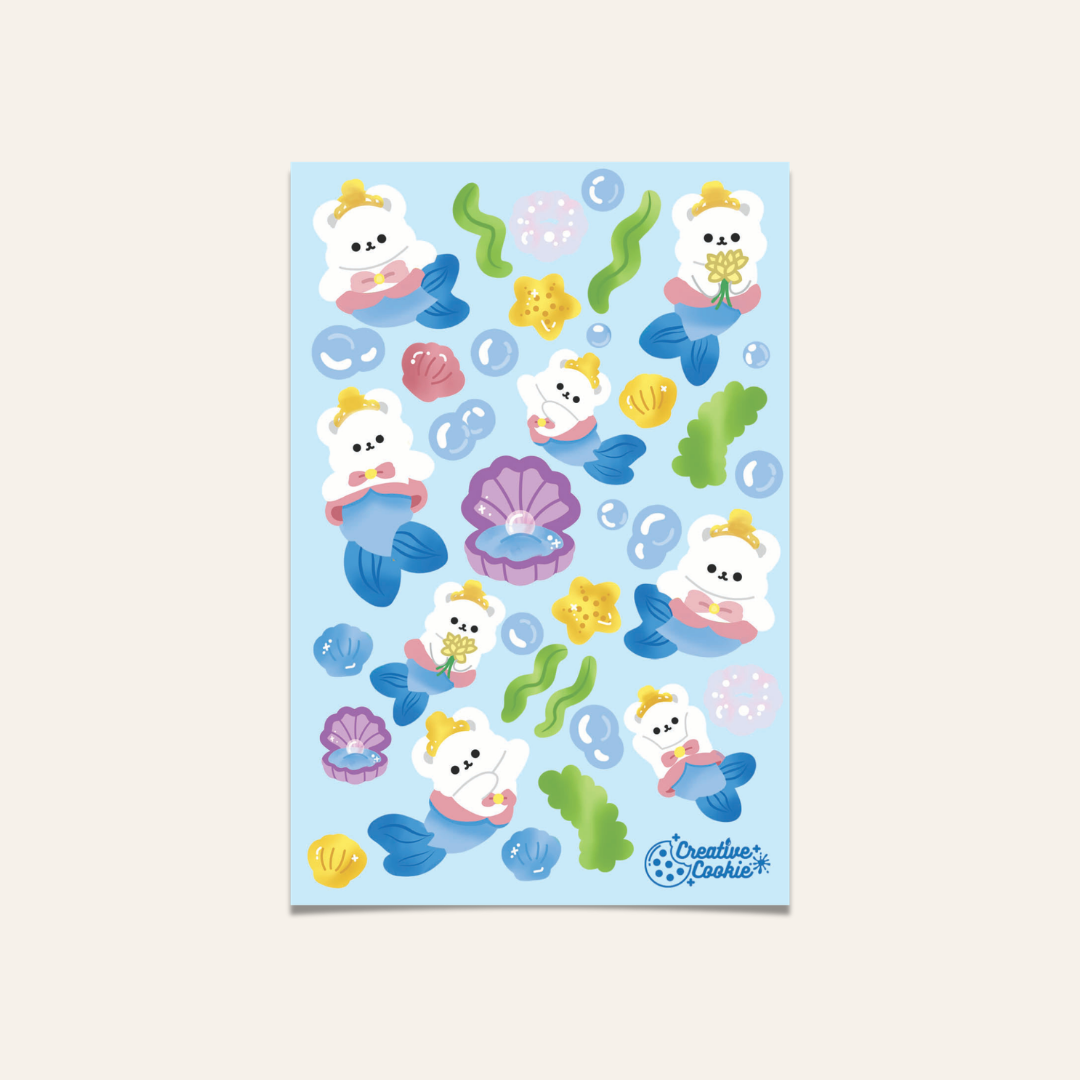 Mermaid Bear Laminated Sticker Sheet