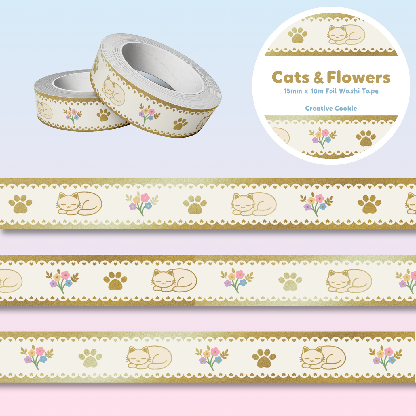 Cats and Flowers Gold  Foil Washi Tape