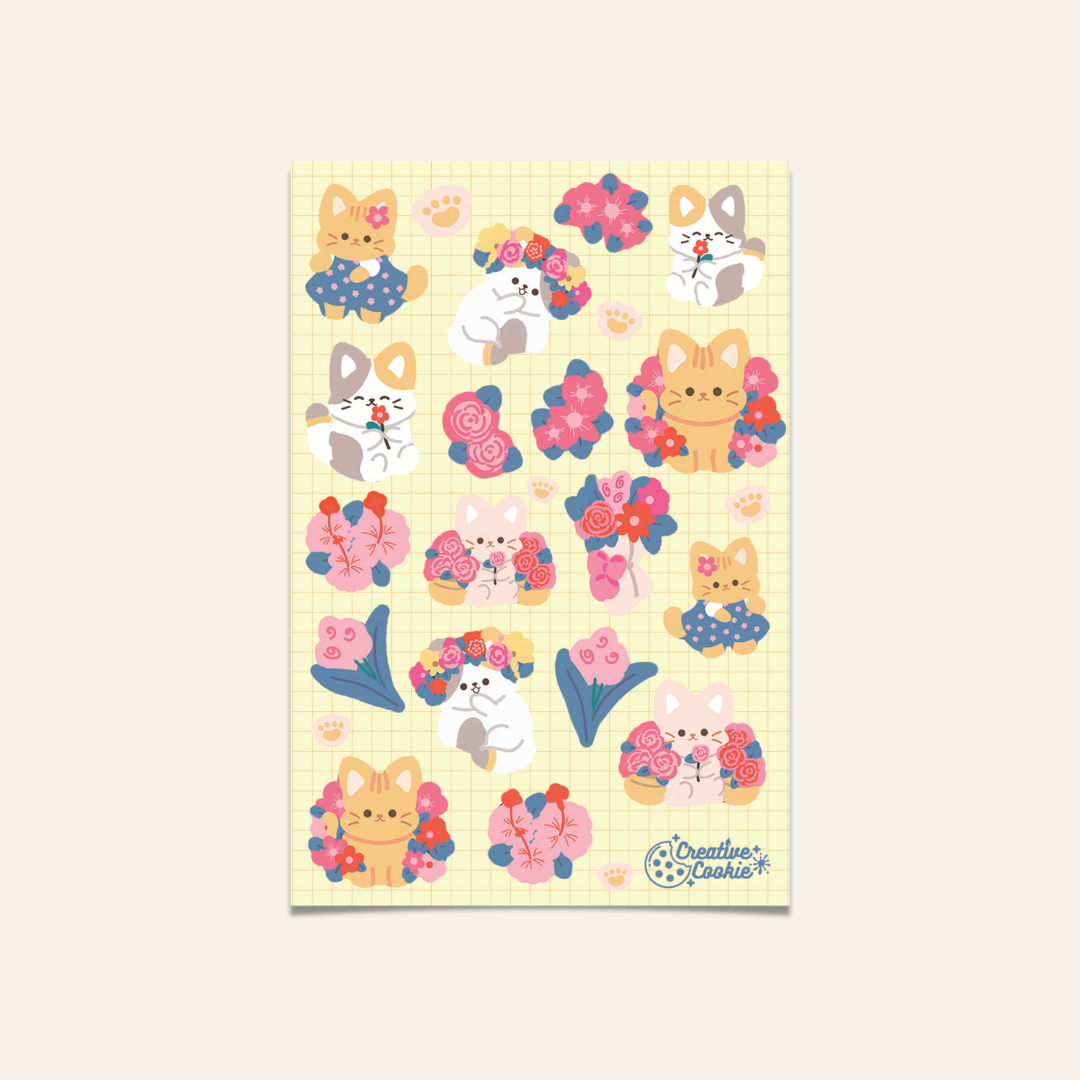 Floral Cat Laminated Sticker Sheet